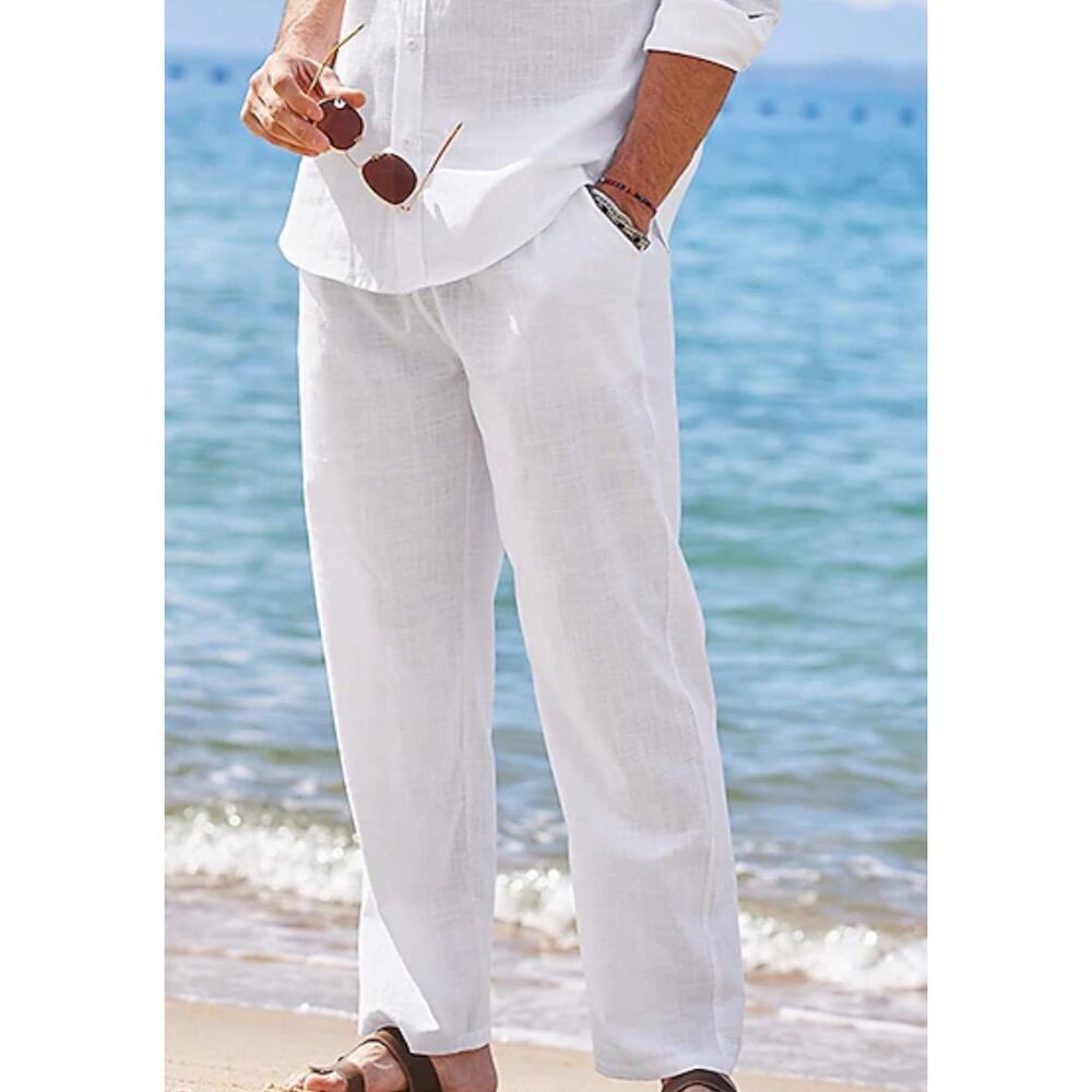 13096 Men size 2xl 43 Cotton Linen Pants Wide Leg Casual loose Pants Size  White